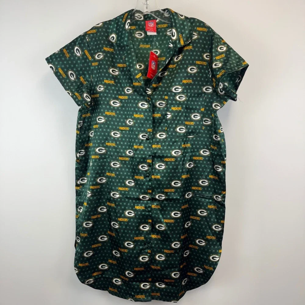 NFL Green Bay‎ Packers Womens M Satin Nightshirt Button Front Sleep Shirt NWT